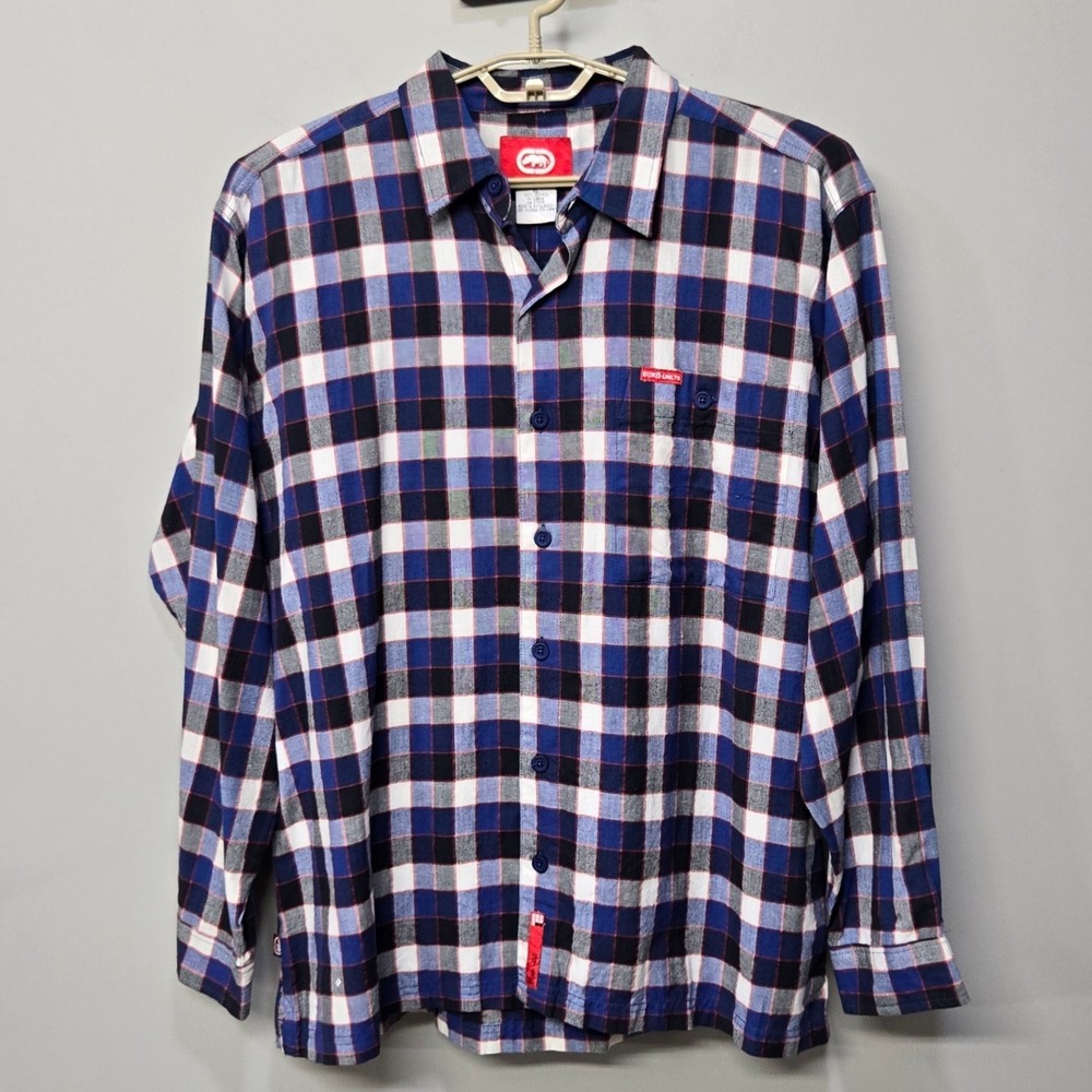 Ecko Untld Flannel Shirt Shacket XL Blue Plaid Baggy Oversized Streetwear Grunge